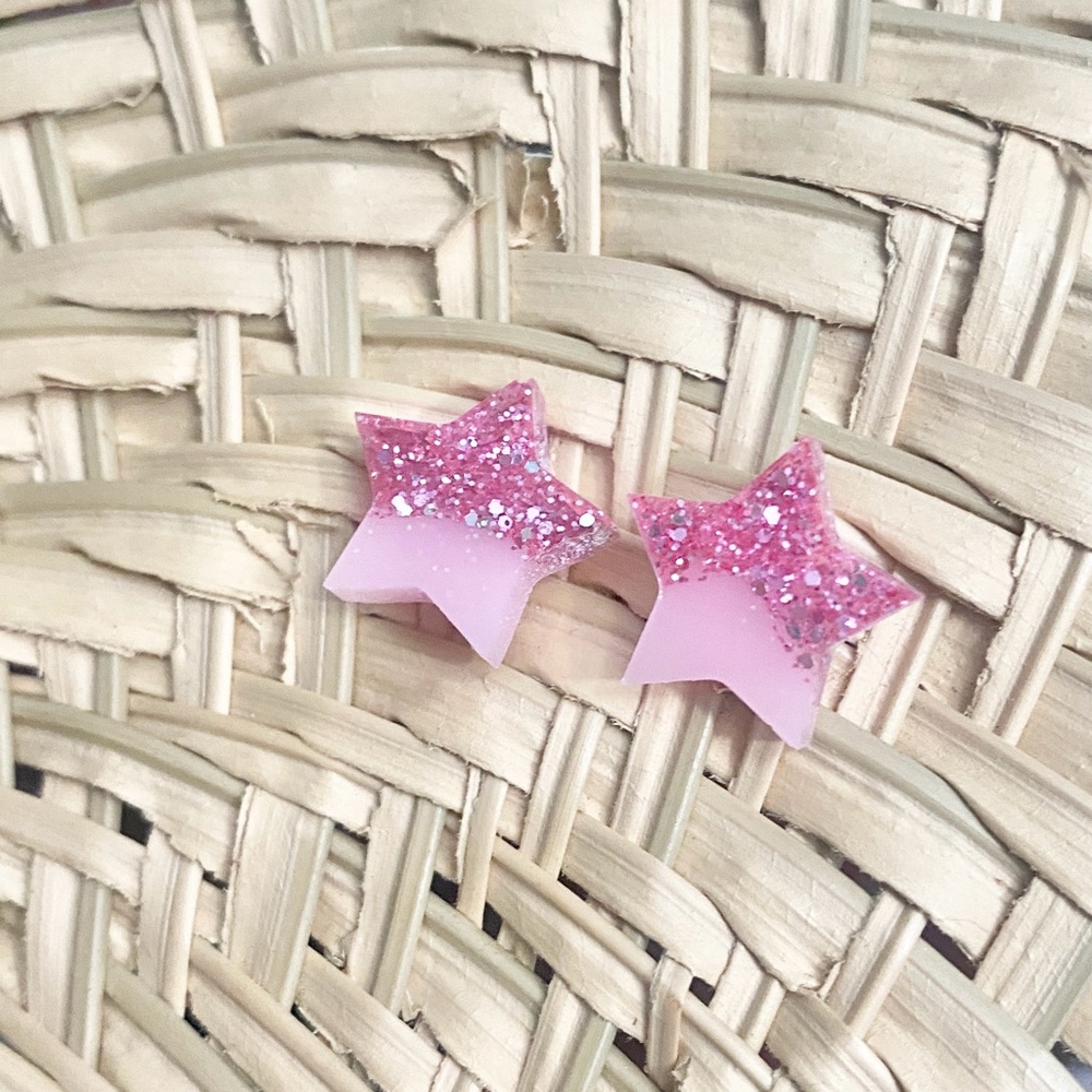 “Wishing upon a Star” Pink and rose glitter colored resin star stud earrings